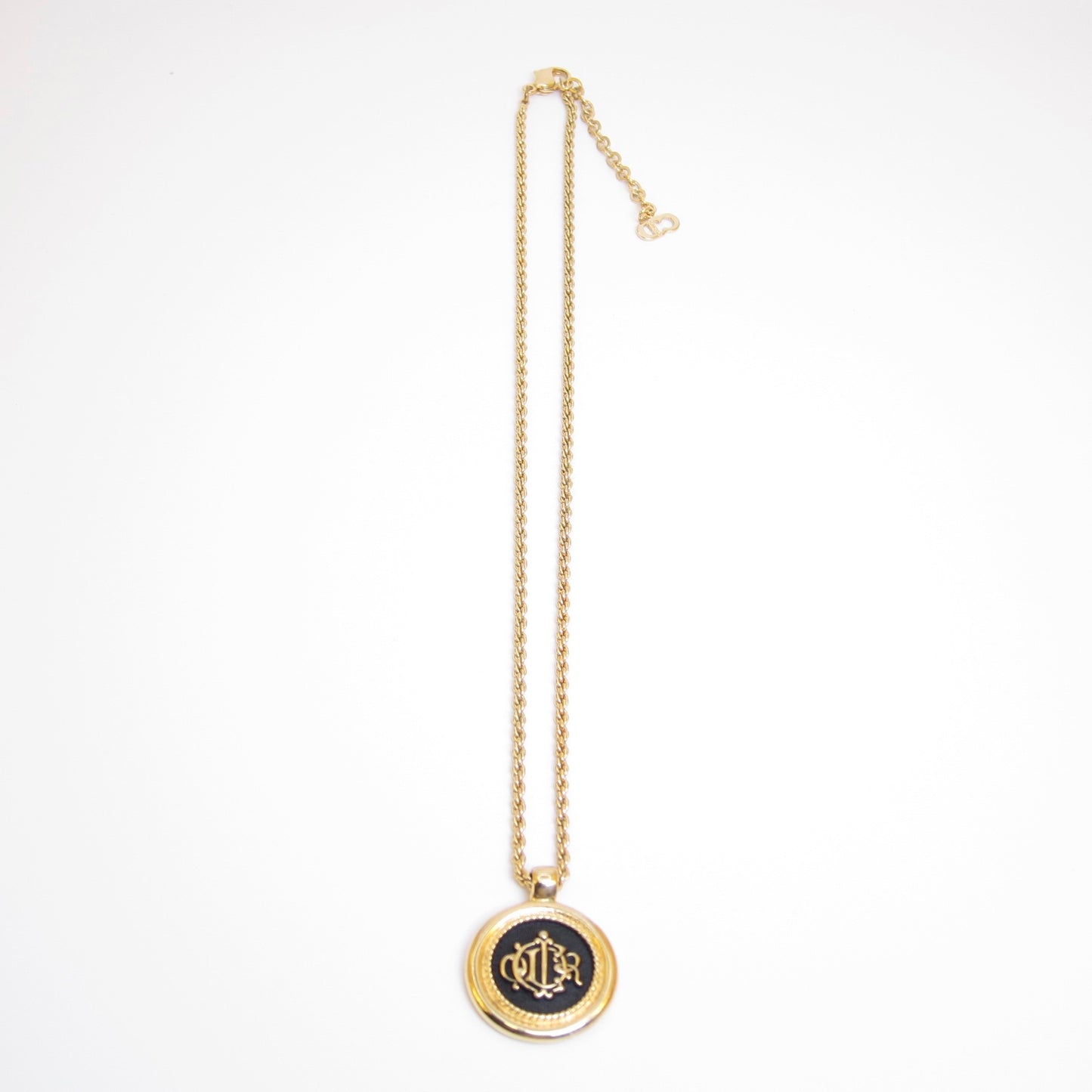 Christian Dior Vintage Dior Logo on Black and Golden Circle Pendant Necklace