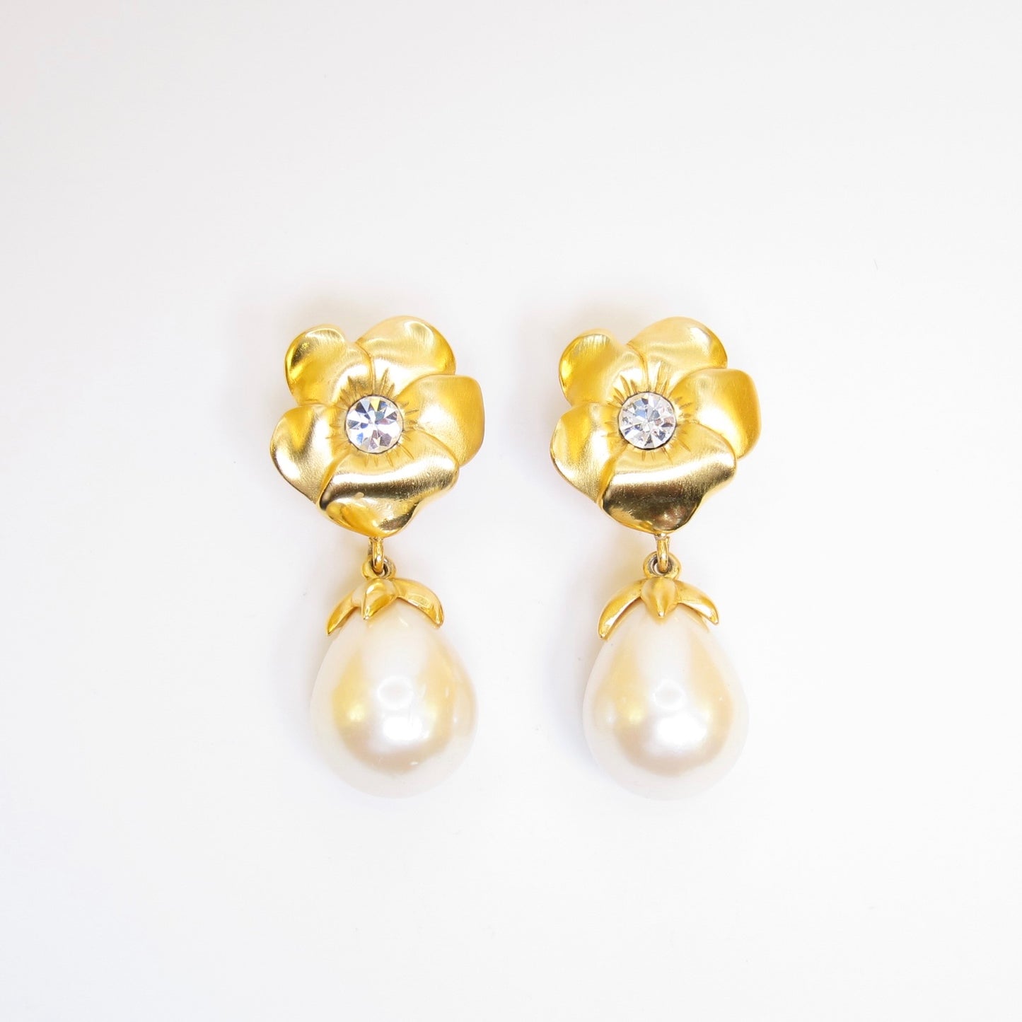 Givenchy Vintage Flower with Rhinestone and Pearl Dangle Golden Clip-on Earrings