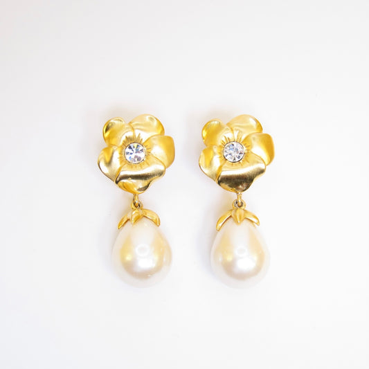 Givenchy Vintage Flower with Rhinestone and Pearl Dangle Golden Clip-on Earrings