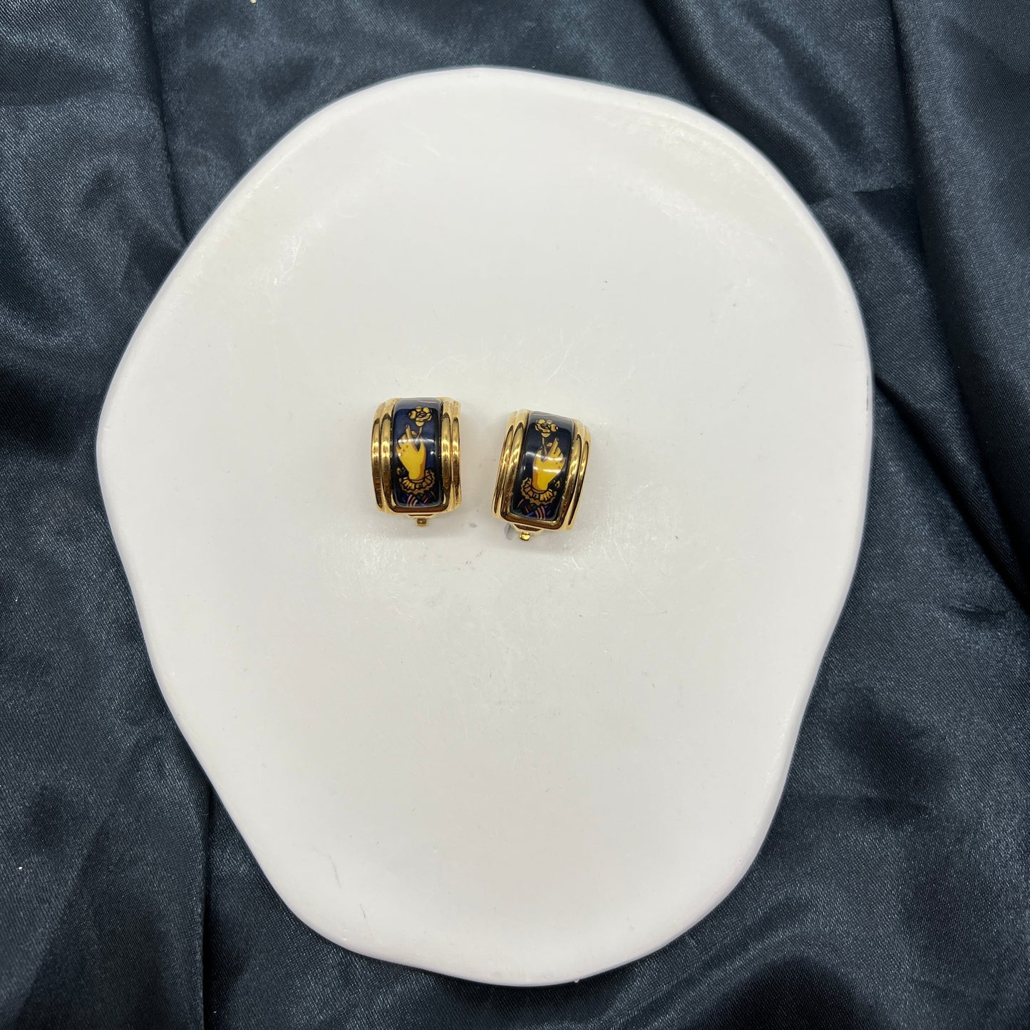 Hermes Vintage Blue X Golden Enamelled Clip-On Earrings