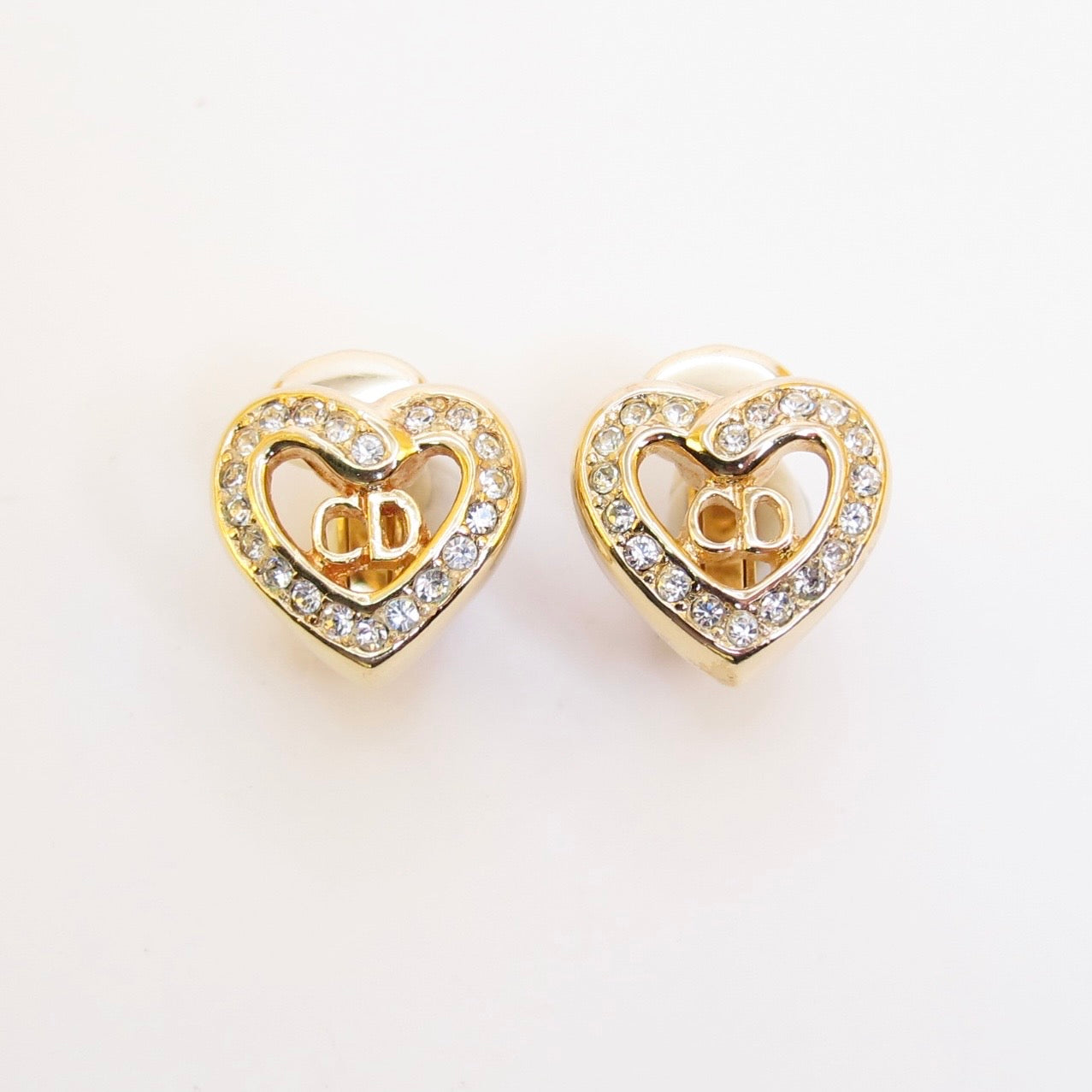Christian Dior Vintage CD Logo in Heart with Rhinestone Golden Clip-on Earrings