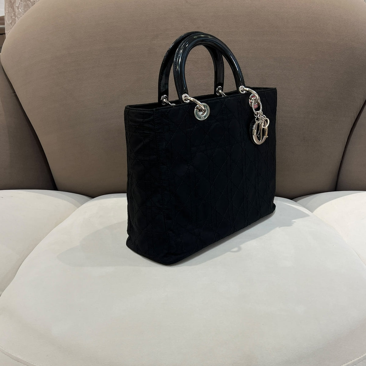 Christian Dior Vintage Black Cannage Nylon Lady Dior Handbag