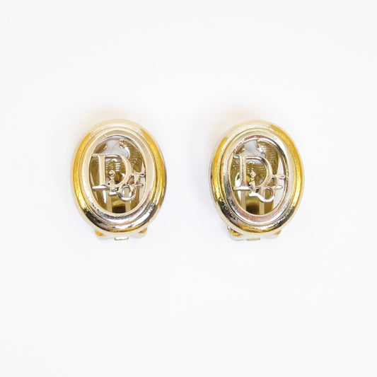 Christian Dior Vintage Dior Logo in Oval Shaped Golden Clip-on Earrings