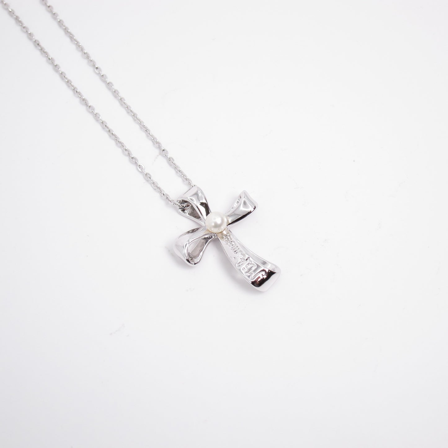 Mikimoto Vintage Logo Cross with Pearl Silver Necklace