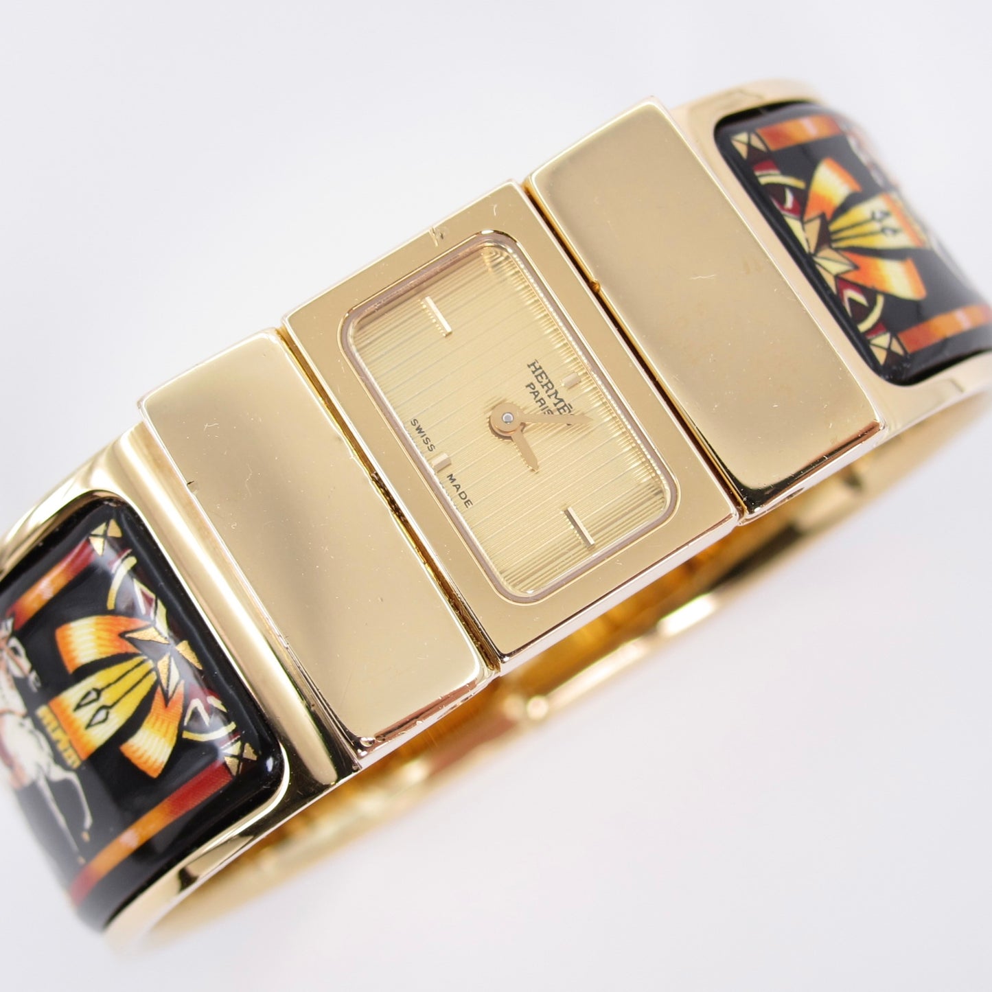 Hermes Vintage Loquet Golden Face Black Cloisonne Enamel Bangle Watch