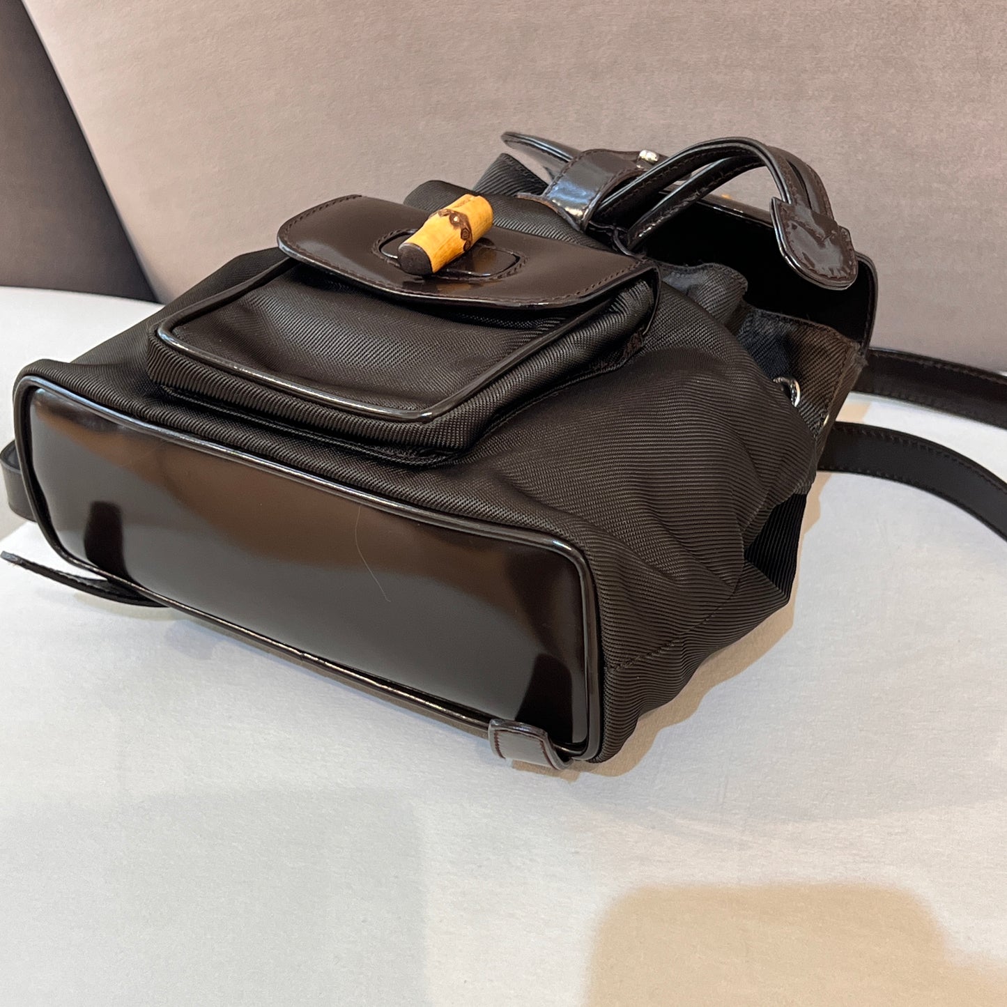 Gucci Vintage Bamboo Nylon Black Leather Trim Backpack