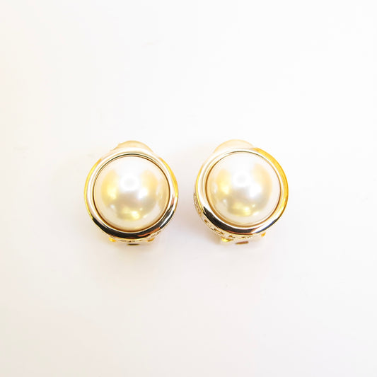 Christian Dior Vintage Round Shape Pearl Golden Clip-on Earrings
