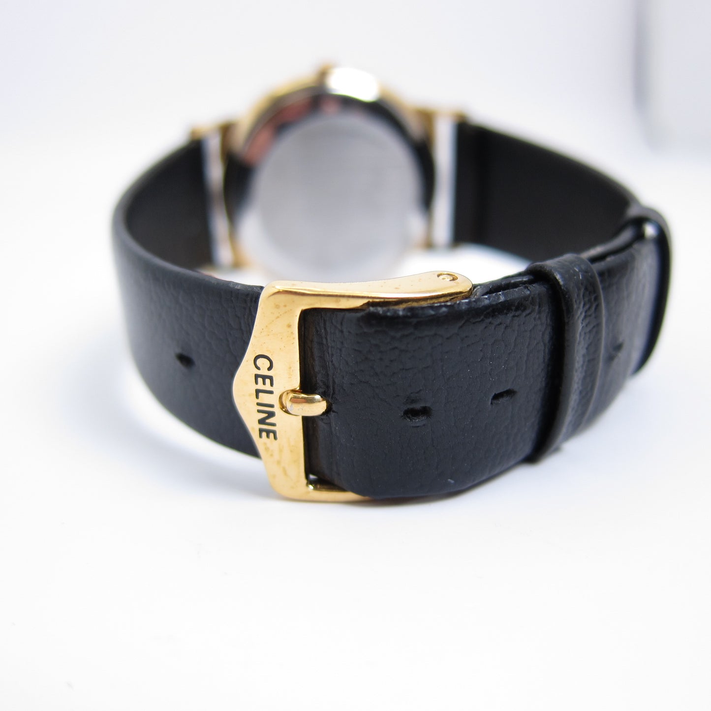 Celine Vintage Round White and Shell Pearl Face with Black Leather Strap Watch