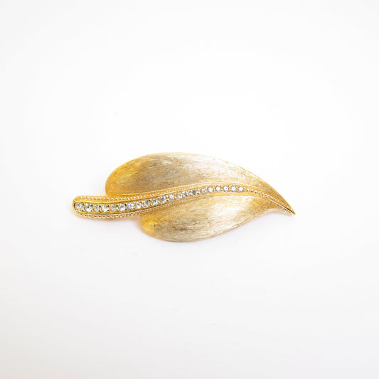 Christian Dior 復古樹葉圖案鑲鑽金色胸針