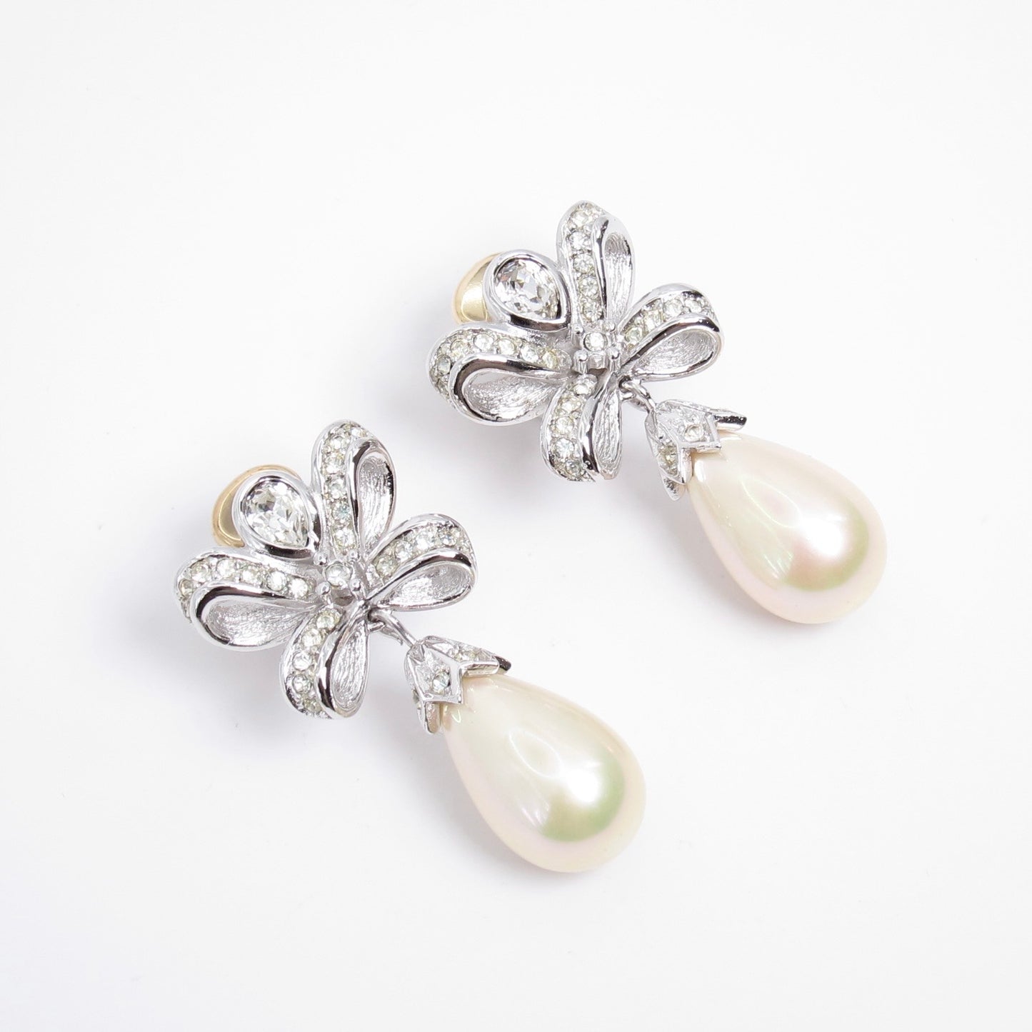 Christian Dior Vintage Ribbon with Rhinestone and Pearl Two Tone Clip-on Earrings