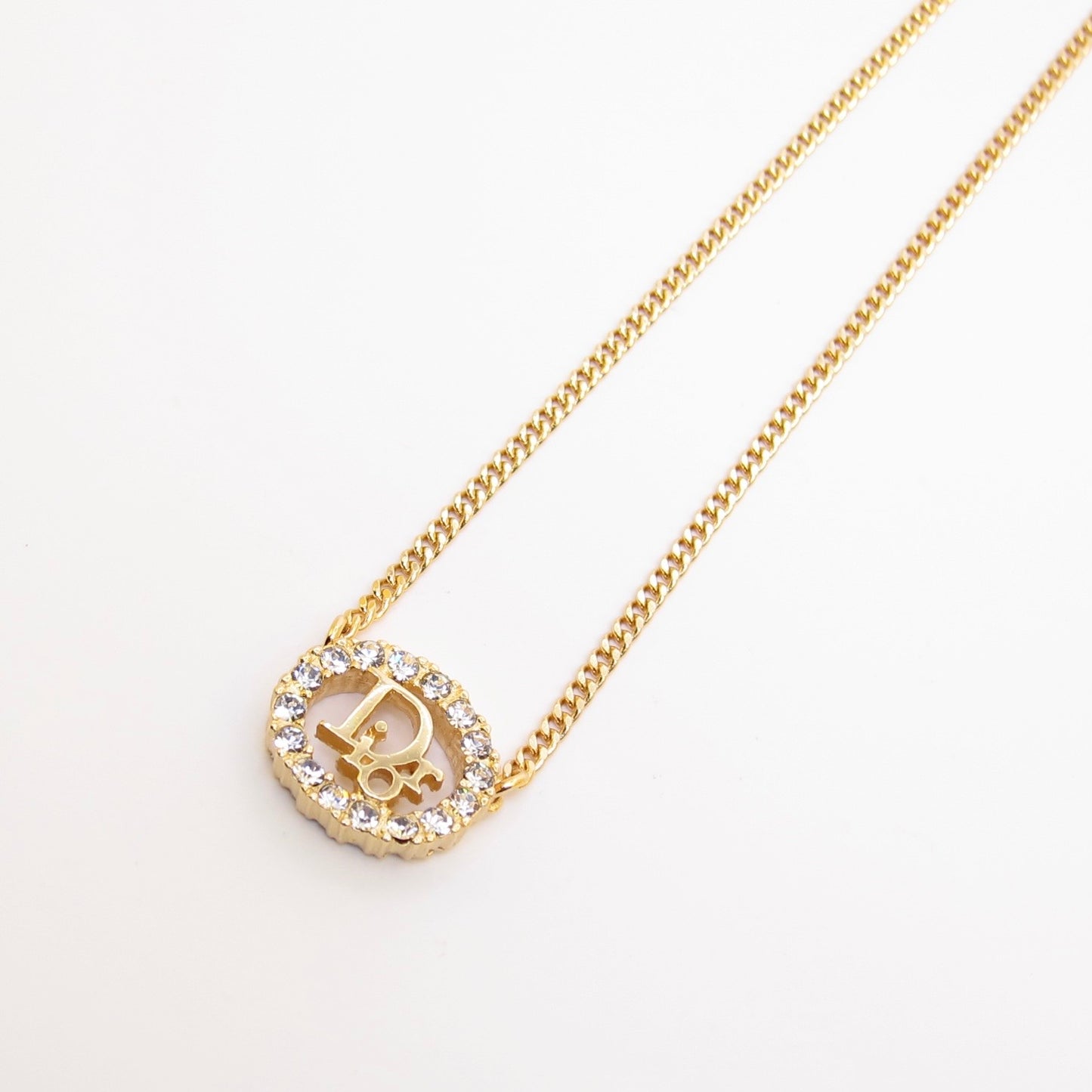 Christian Dior Vintage Dior Logo in Oval Shaped with Rhinestone Golden Necklace