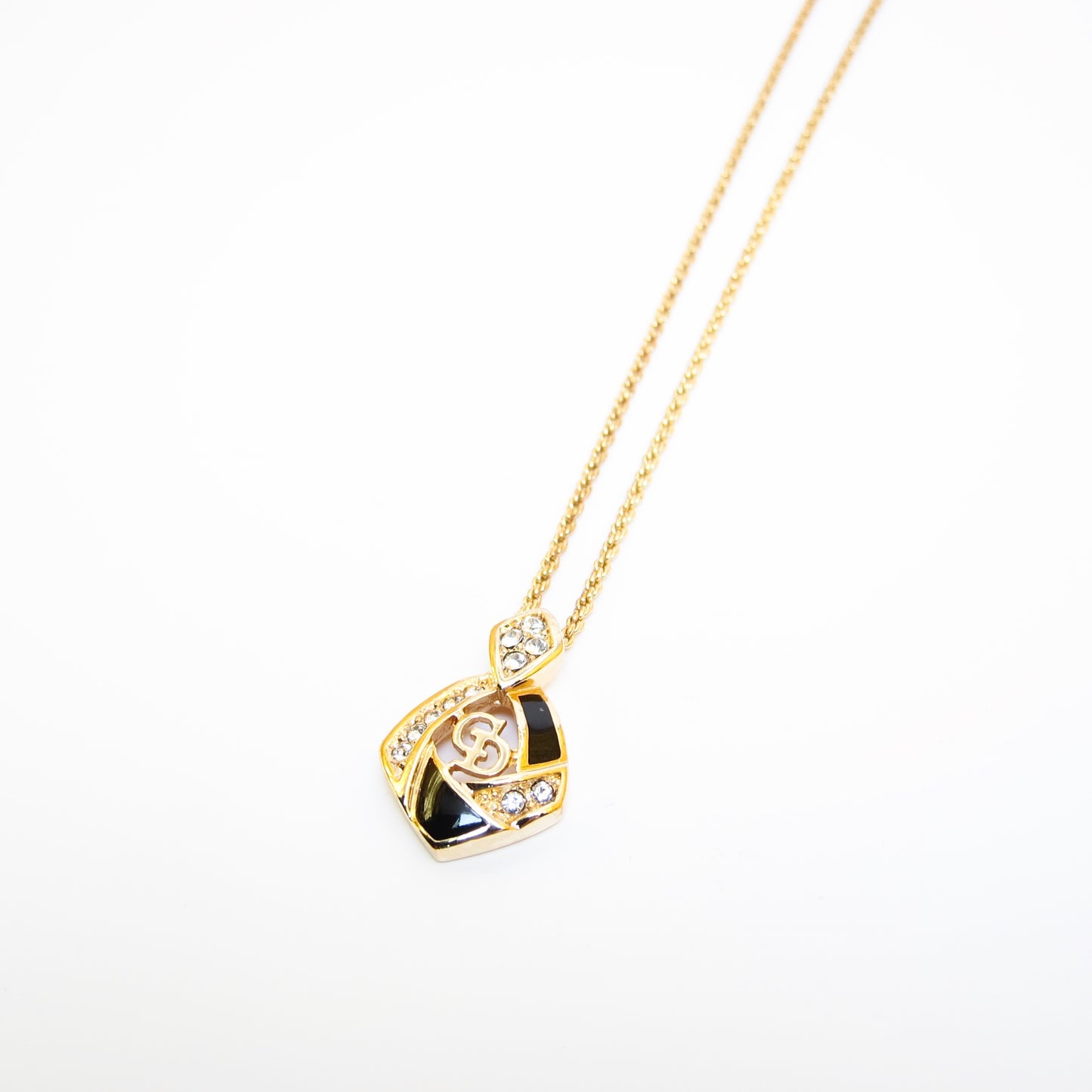 Christian Dior Vintage CD Logo Black and Rhinestone Golden Necklace