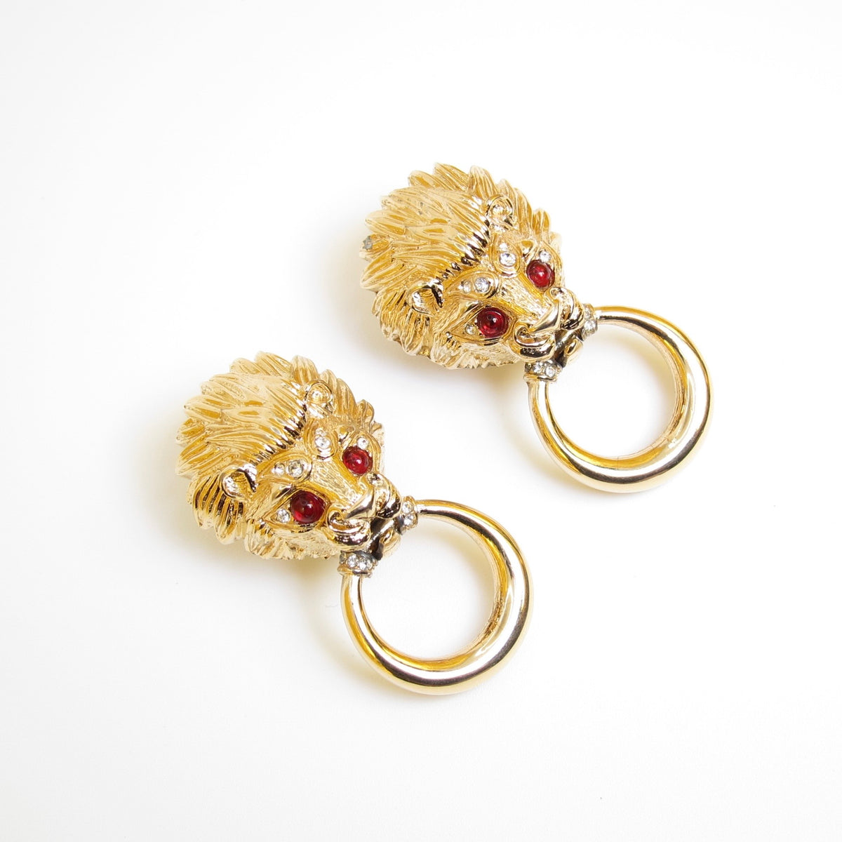 Nina Ricci Gold-Tone Lion Head Ring Drop Clip-On Earrings