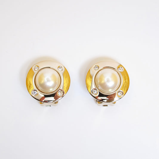 Christian Dior Vintage Round-shaped Pearl and Rhinestone Golden Clip-on Earrings