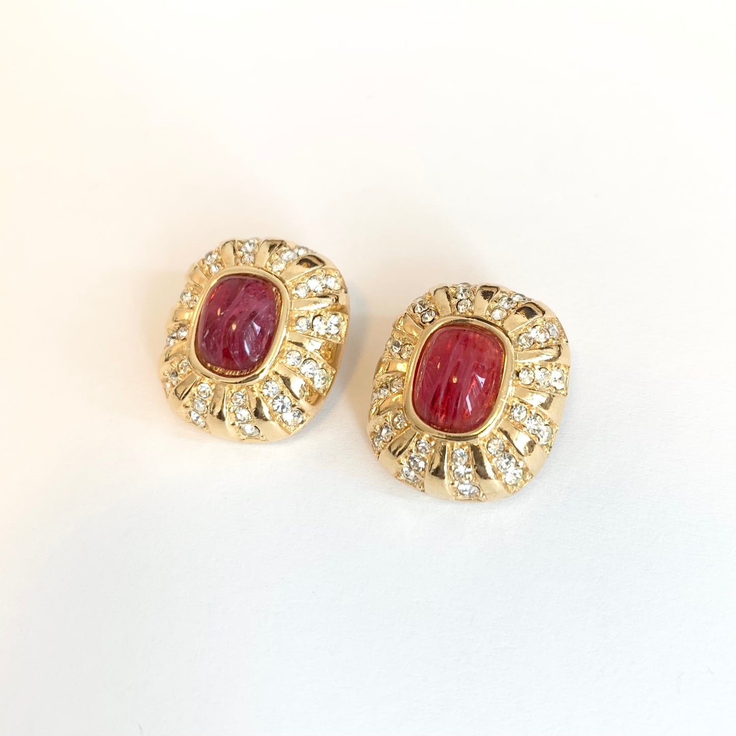 Christian Dior Vintage Red Stone and Rhinestone Golden Clip-on Earrings