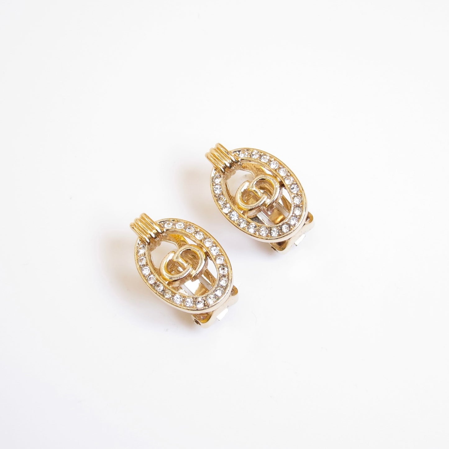 Christian Dior Vintage CD Logo in Oval Shaped with Rhinestone Golden Clip-on Earrings