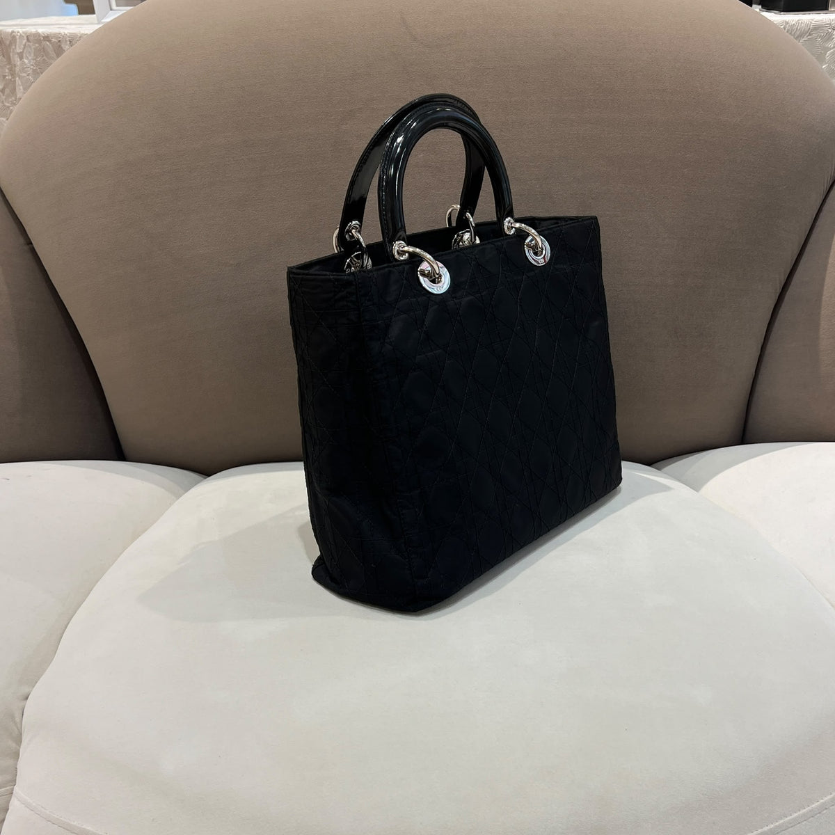 Christian Dior Vintage Black Cannage Nylon Lady Dior Handbag