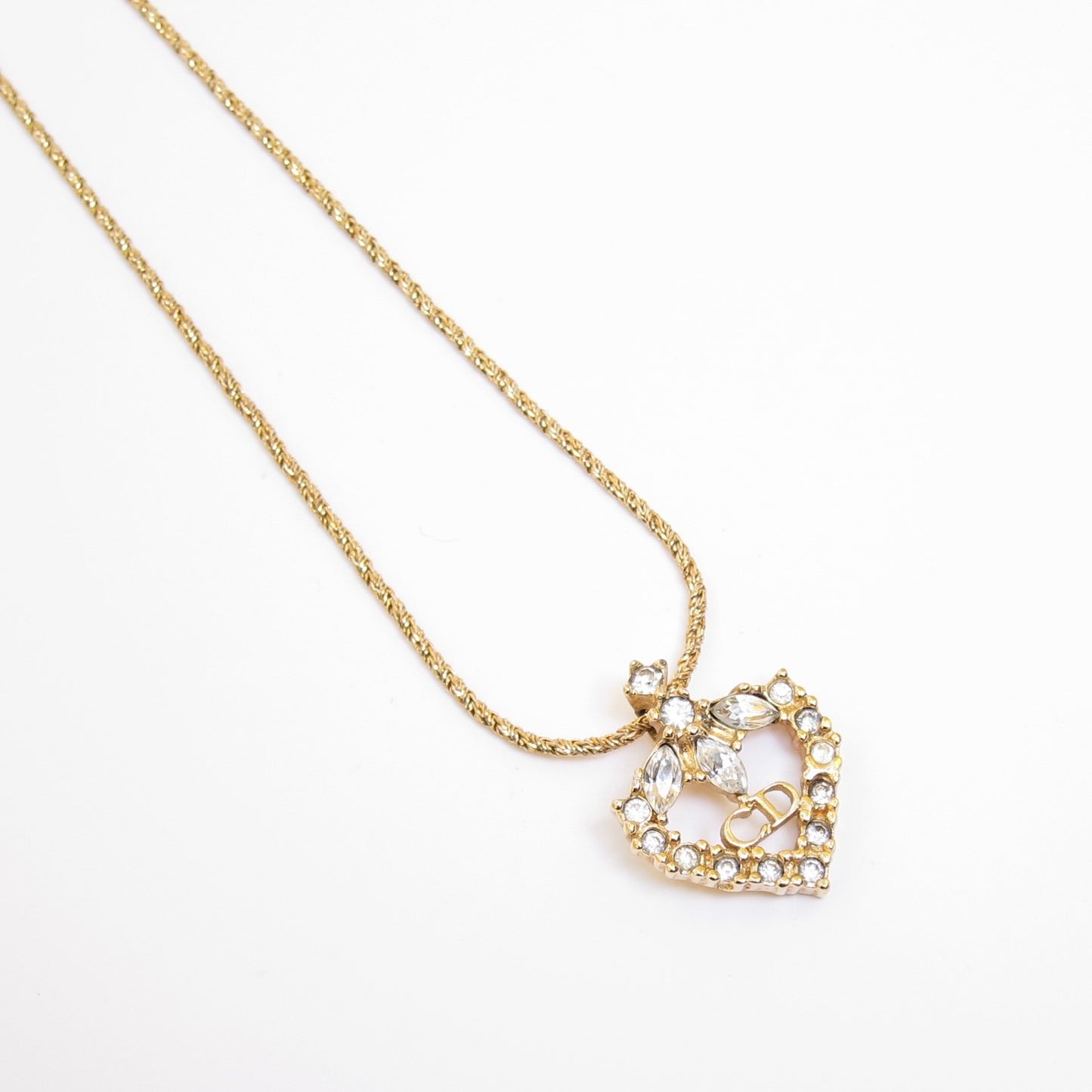 Christian Dior Vintage CD Logo in Heart with Rhinestone Golden Necklace