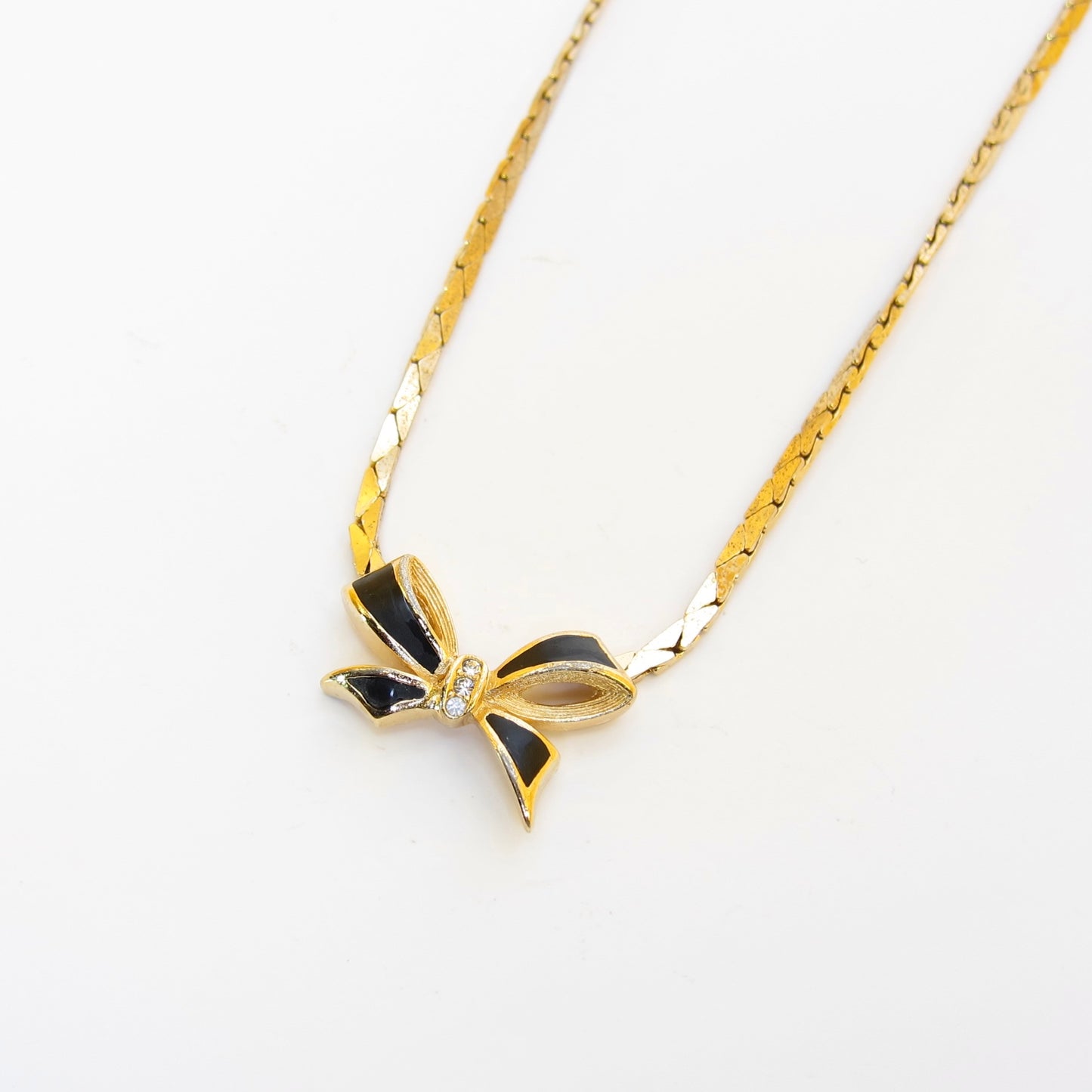 Christian Dior Vintage Ribbon Motif Black and Rhinestone Golden Necklace