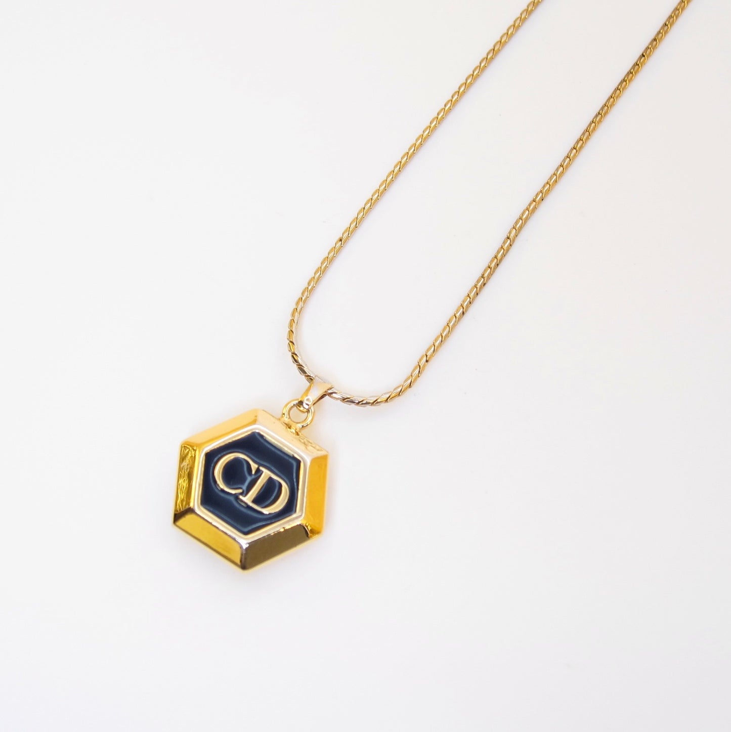 Christian Dior Vintage CD Logo Hexagon Black and Golden Necklace