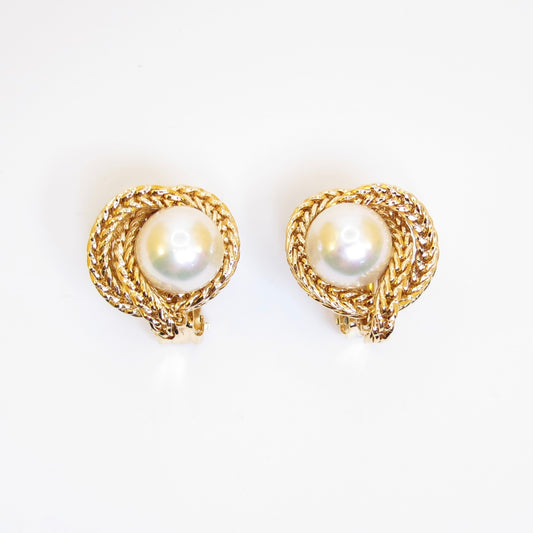 Pierre Balmain Vintage Pearl and Double Rope Twist Golden Clip-on Earrings