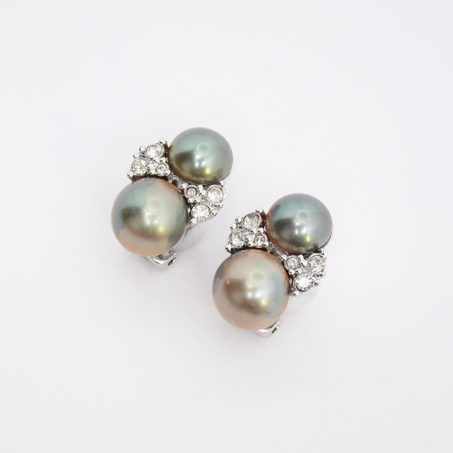 Christian Dior Vintage Grey Pearl and Rhinestone Silver Clip-on Earrings