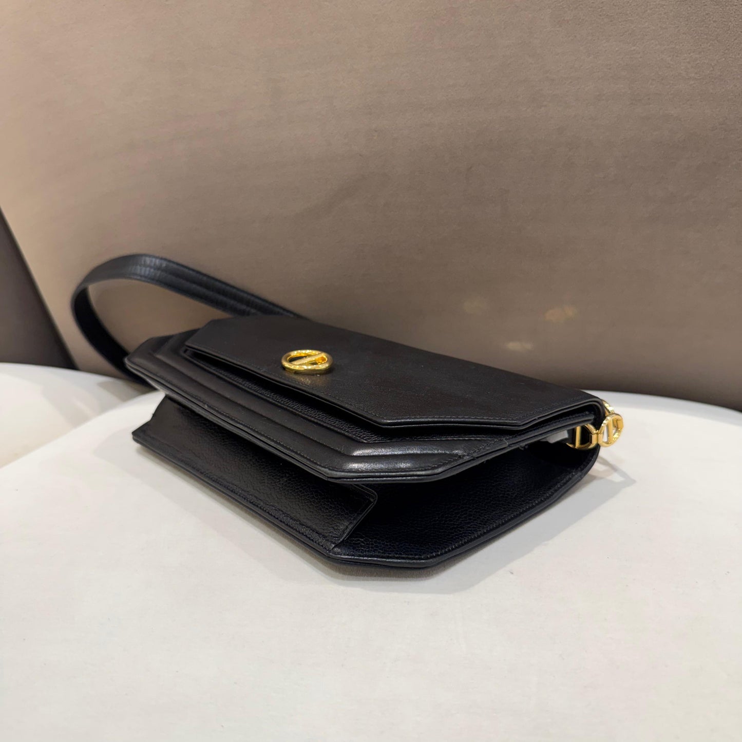 Christian Dior Vintage Black Grained Leather Logo Flap Shoulder Bag