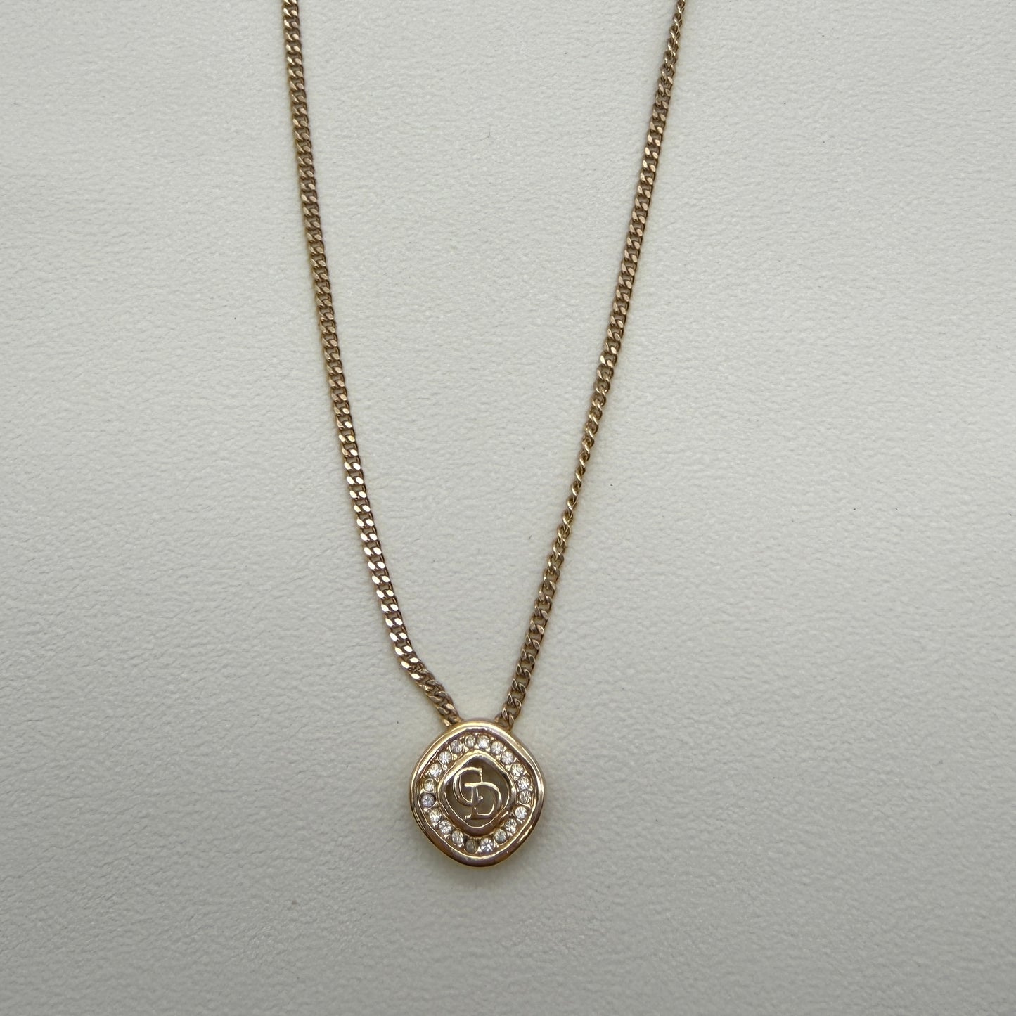 Christian Dior Vintage CD Logo in Rhombus with Rhinestone Golden Necklace