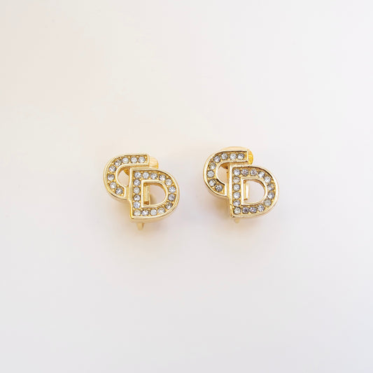 Christian Dior Vintage CD Logo with Rhinestone Golden Clip-on Earrings