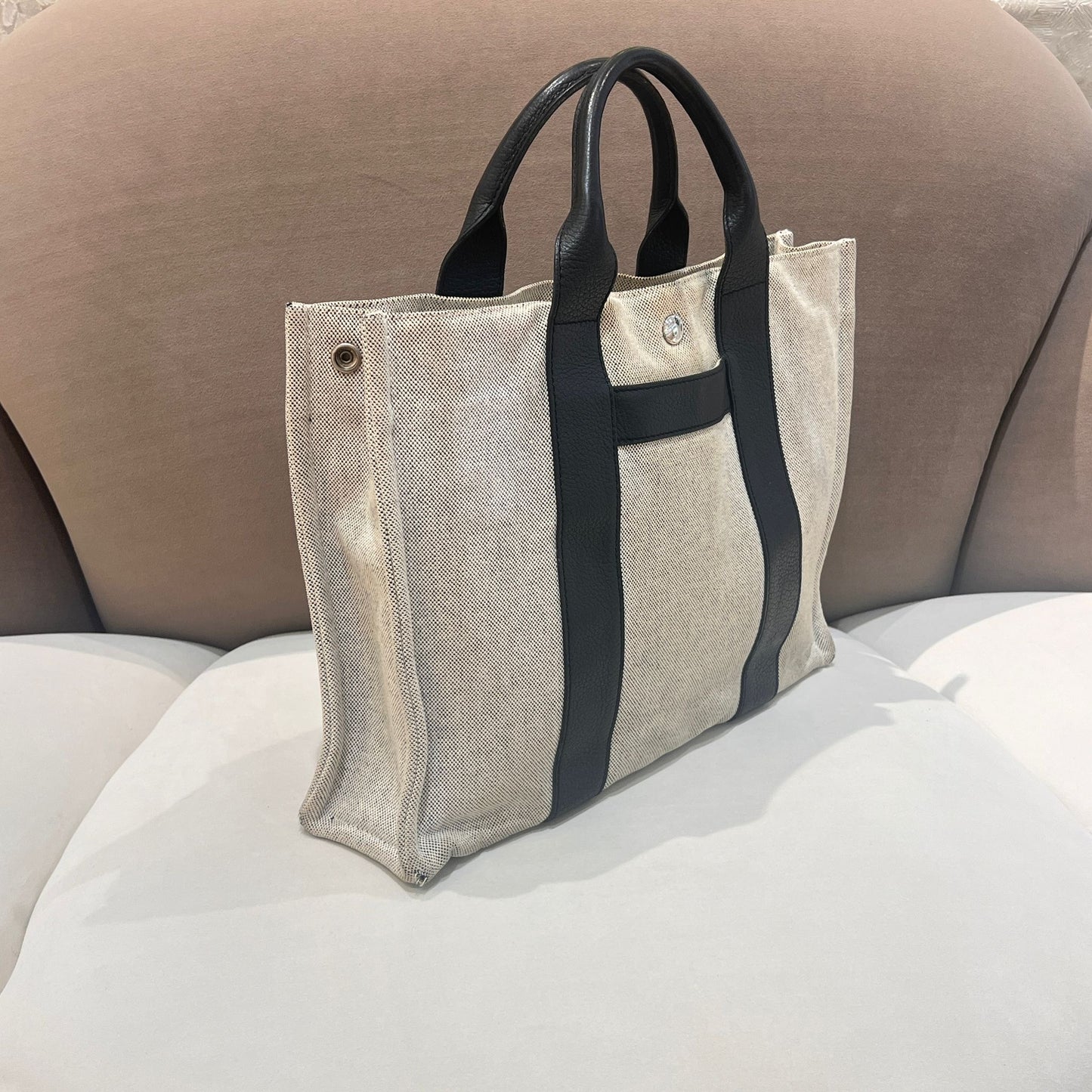 Hermès Sac Arne Mm Canvas Leather Strap Tote Bag