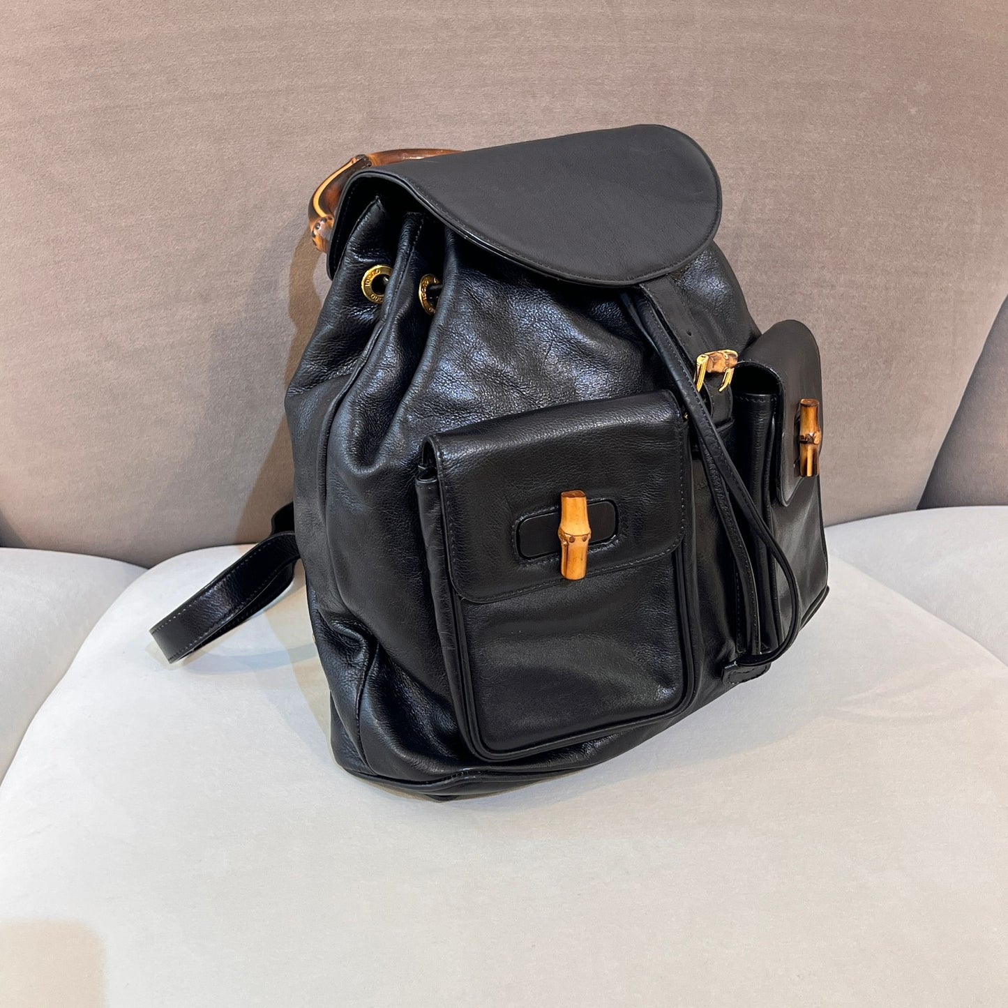 Gucci Vintage Bamboo Black Leather Backpack