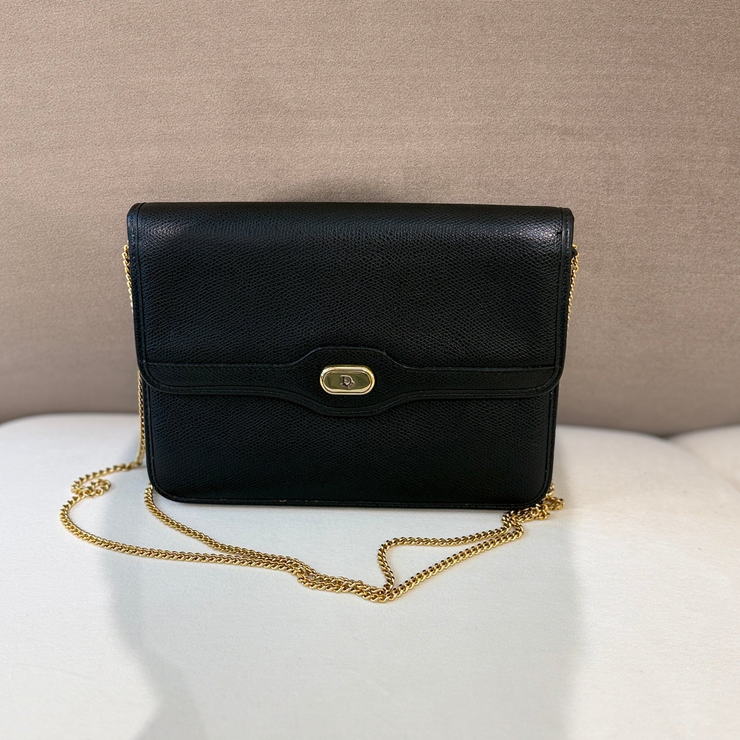 Christian Dior Golden Logo Black Leather Shoulder Bag With Golden Chain