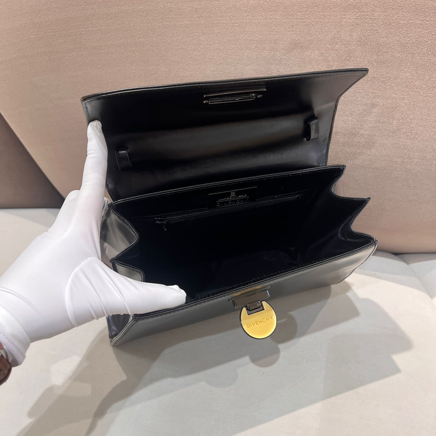 Givenchy Vintage Black Leather Wide Trapezoid Top Handle Clasp Handbag