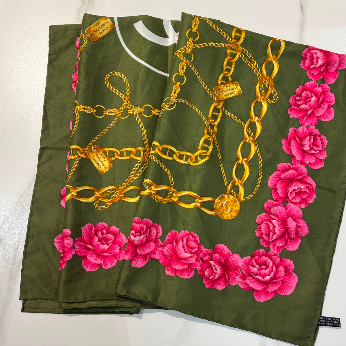 Chanel Vintage CC Logo Olive Green Chain Rose Floral Silk Scarf