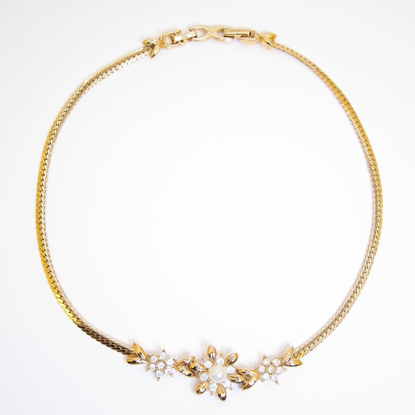Nina Ricci Vintage Flower Motif with Pearl and Rhinestone Golden Necklace
