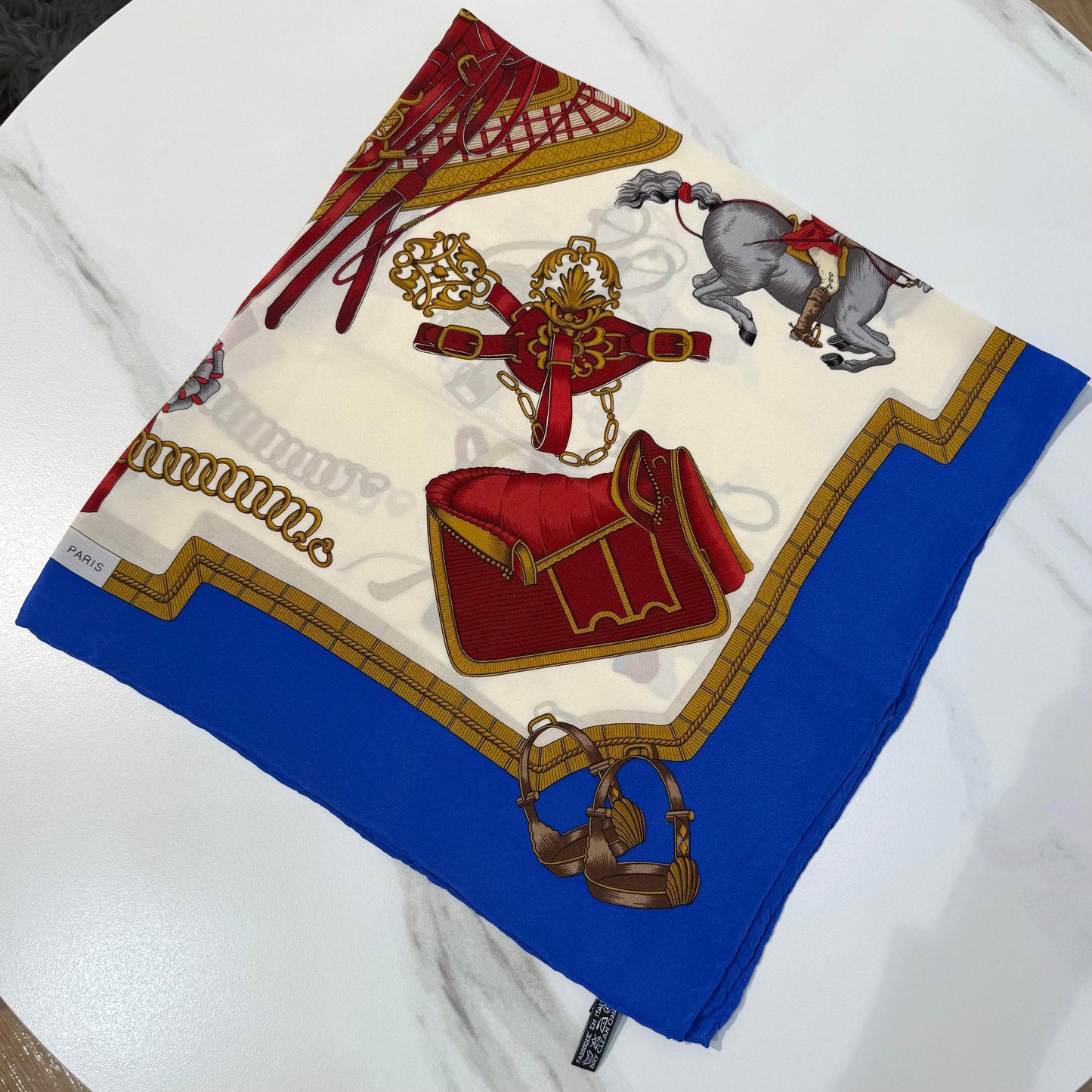 Celine Vintage Horse Print Silk Scarf Ivory Blue 86 X 86 Cm