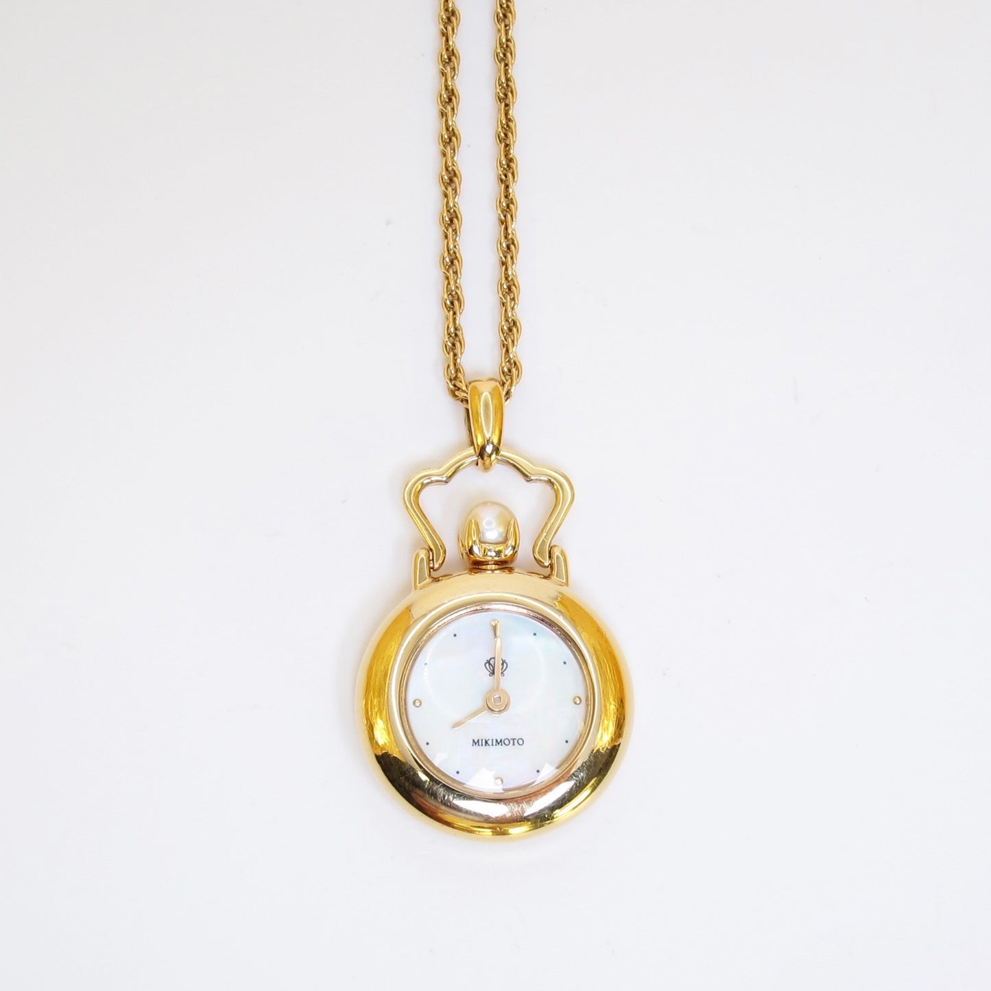 Mikimoto Vintage Shell Pearl Face and Pearl Golden Pocket Watch Pendant Necklace