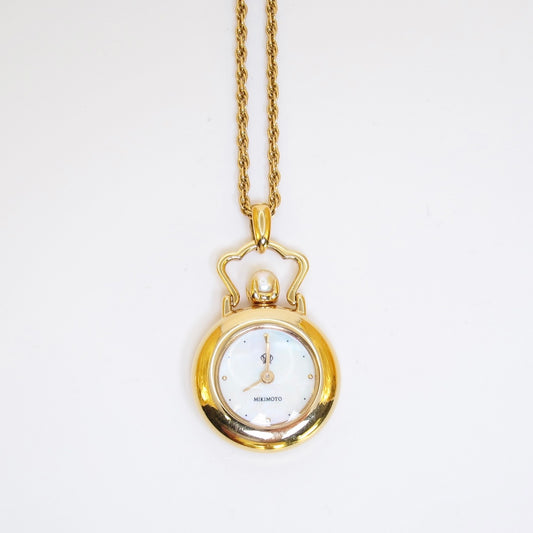 Mikimoto Vintage Shell Pearl Face and Pearl Golden Pocket Watch Pendant Necklace