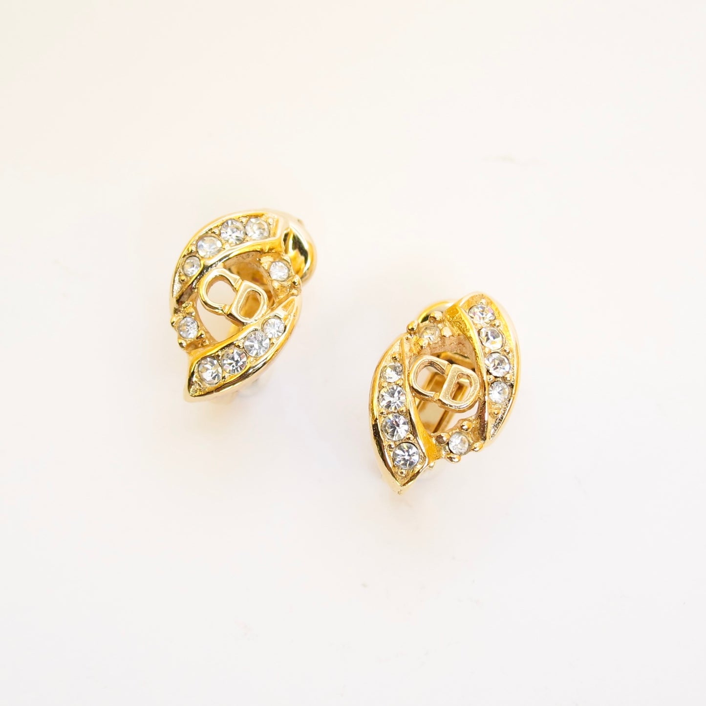 Christian Dior Vintage CD Logo and Rhinestone Golden Clip-on Earrings