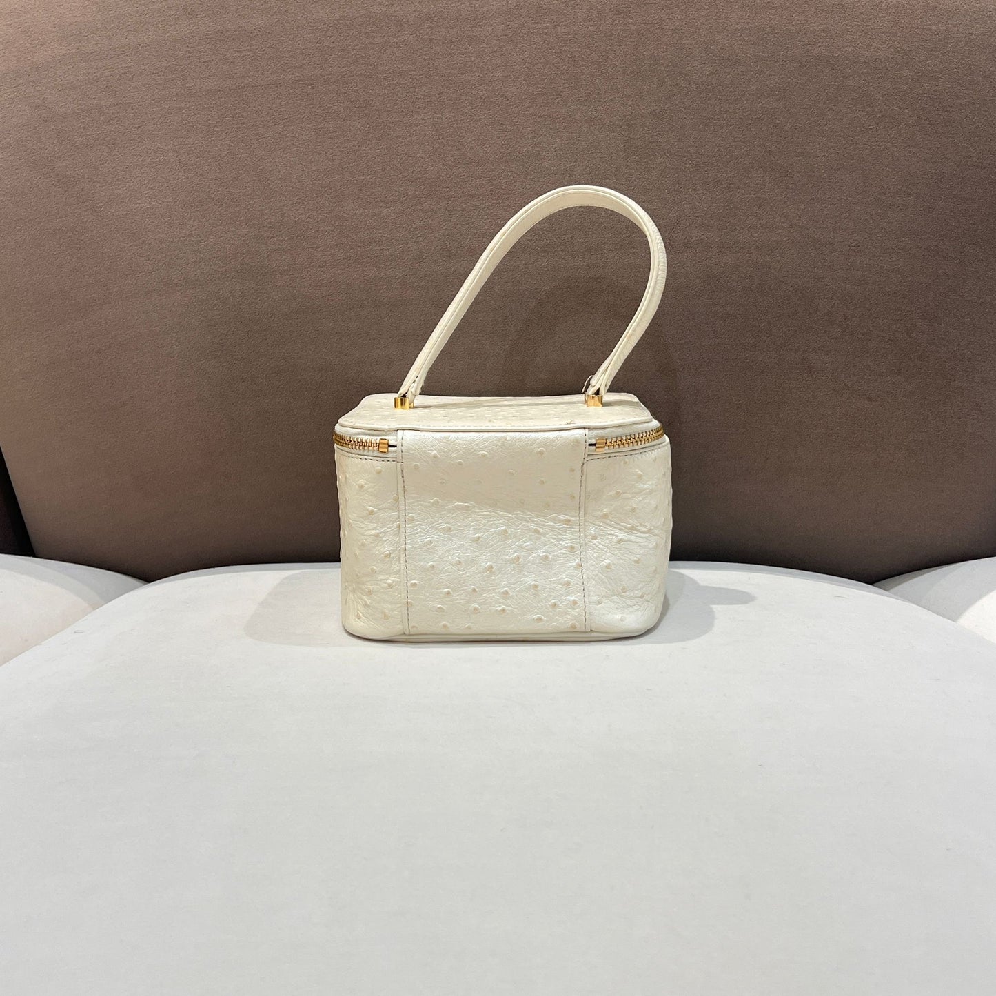Versace Vintage Ivory Ostrich Leather Medusa Vanity Top Handle Bag