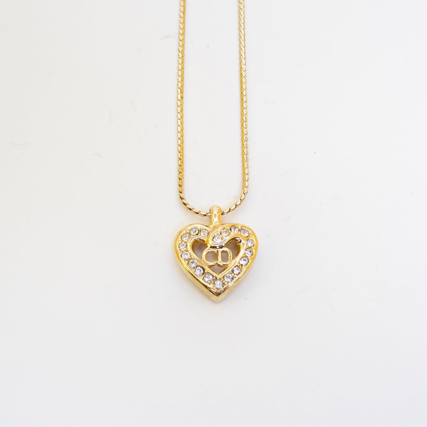 Christian Dior Vintage CD Logo in Heart with Rhinestone Golden Necklace