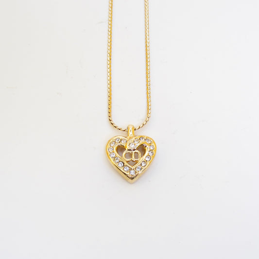Christian Dior Vintage CD Logo in Heart with Rhinestone Golden Necklace