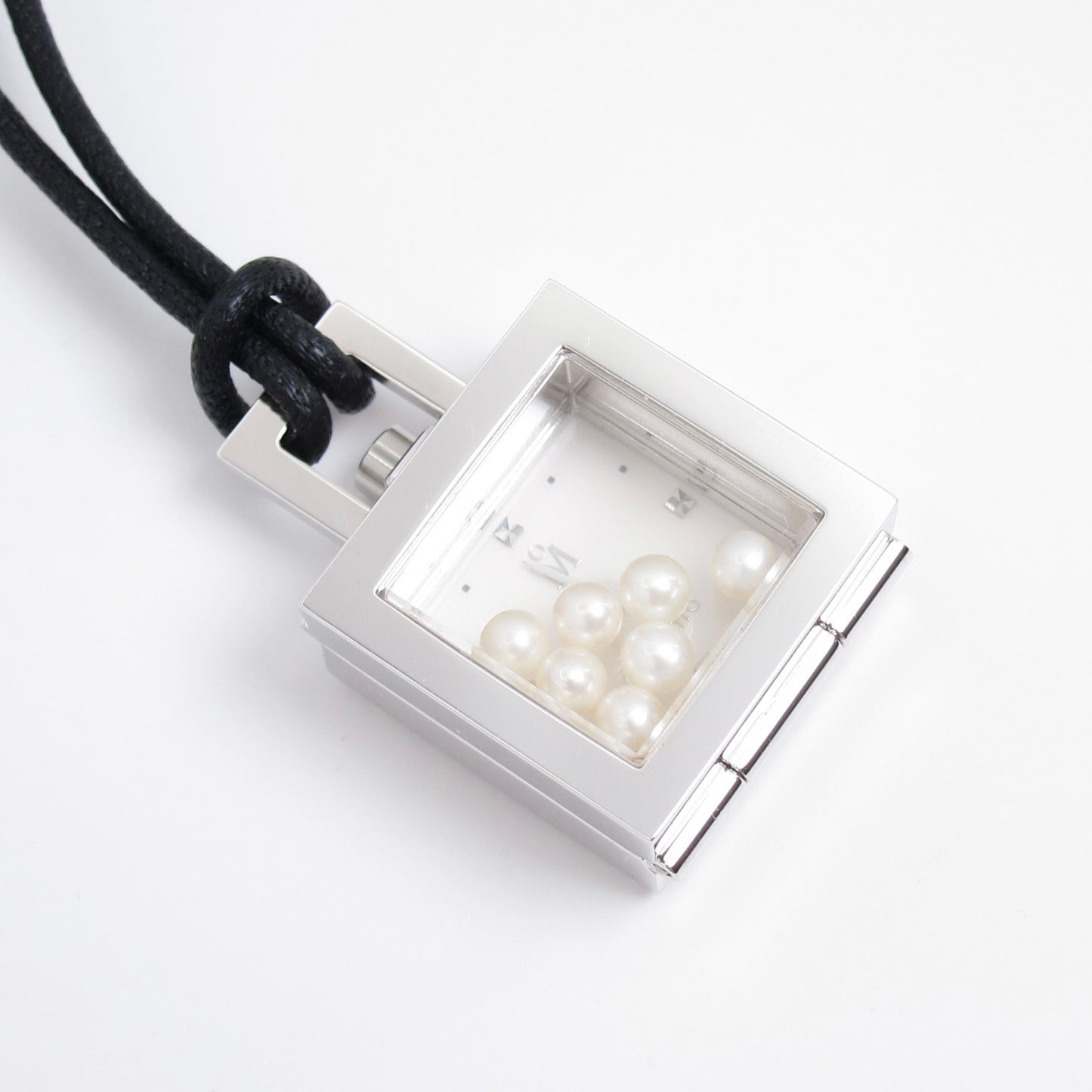 Mikimoto Vintage Square White Face Silver Pendant Watch with Pearl Box and Black Leather Cord