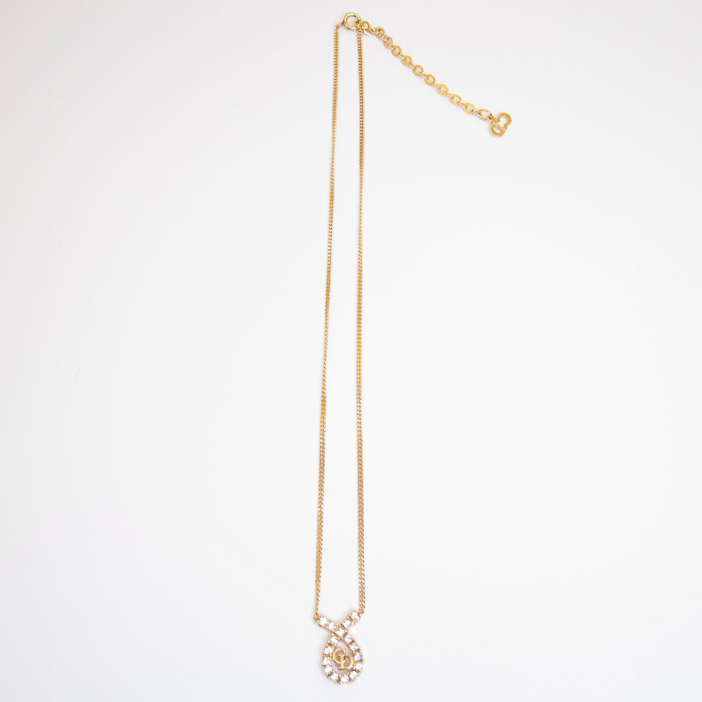 Christian Dior Vintage CD Logo in Drop Shape with Rhinestone Golden Necklace