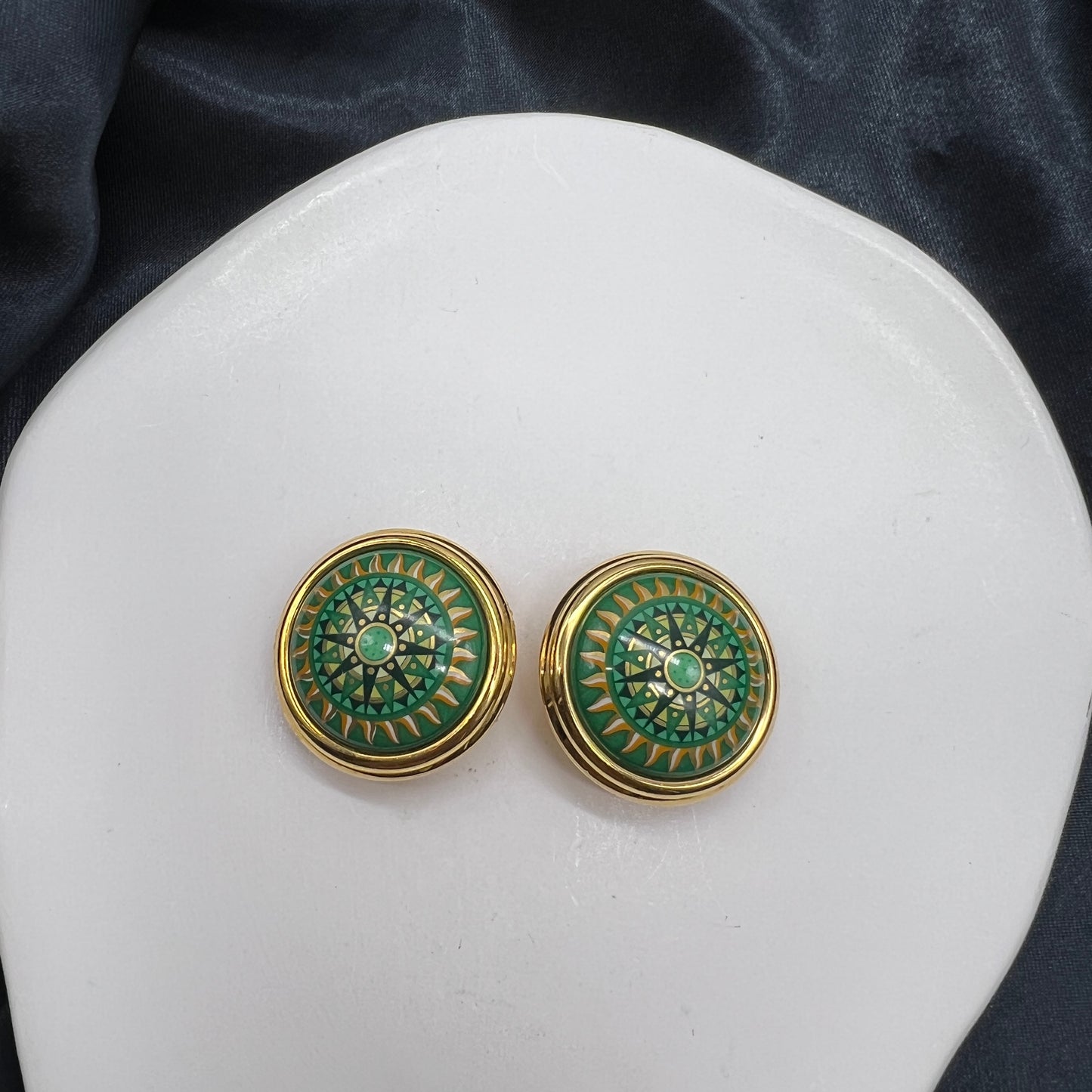 Hermes Vintage Green X Gold Enamelled Circle Clip-On Earrings