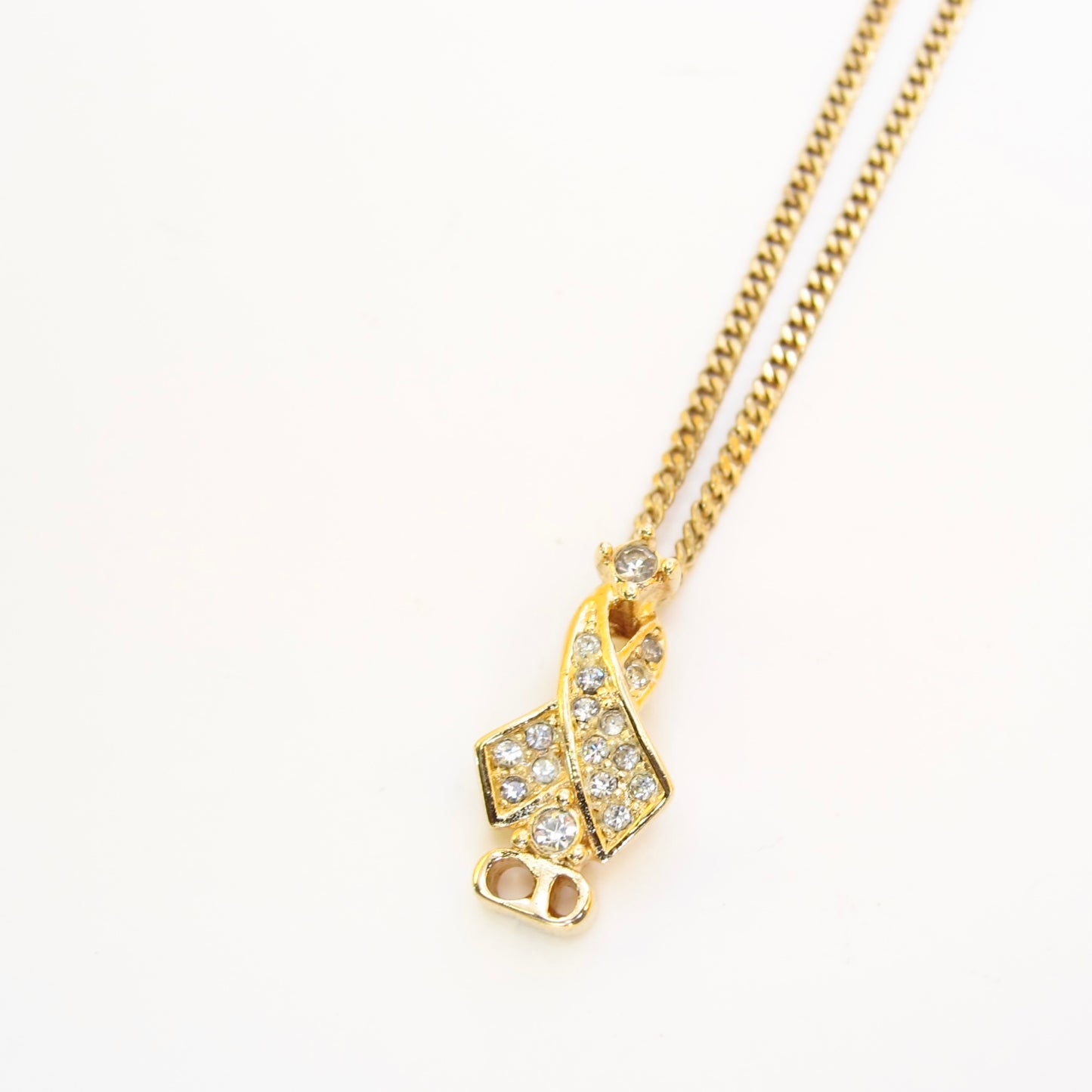Christian Dior Vintage CD Logo and Ribbon with Rhinestone Golden Necklace