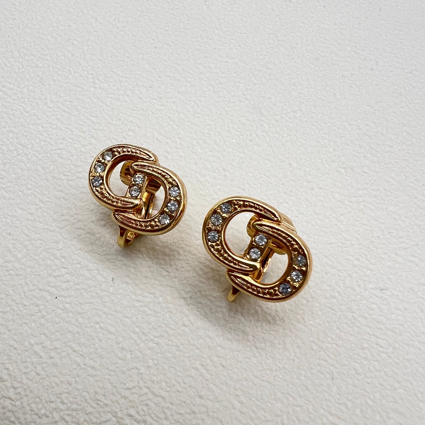 Imperfect - Christian Dior Vintage CD Logo with Rhinestone Golden Clip-on Earrings