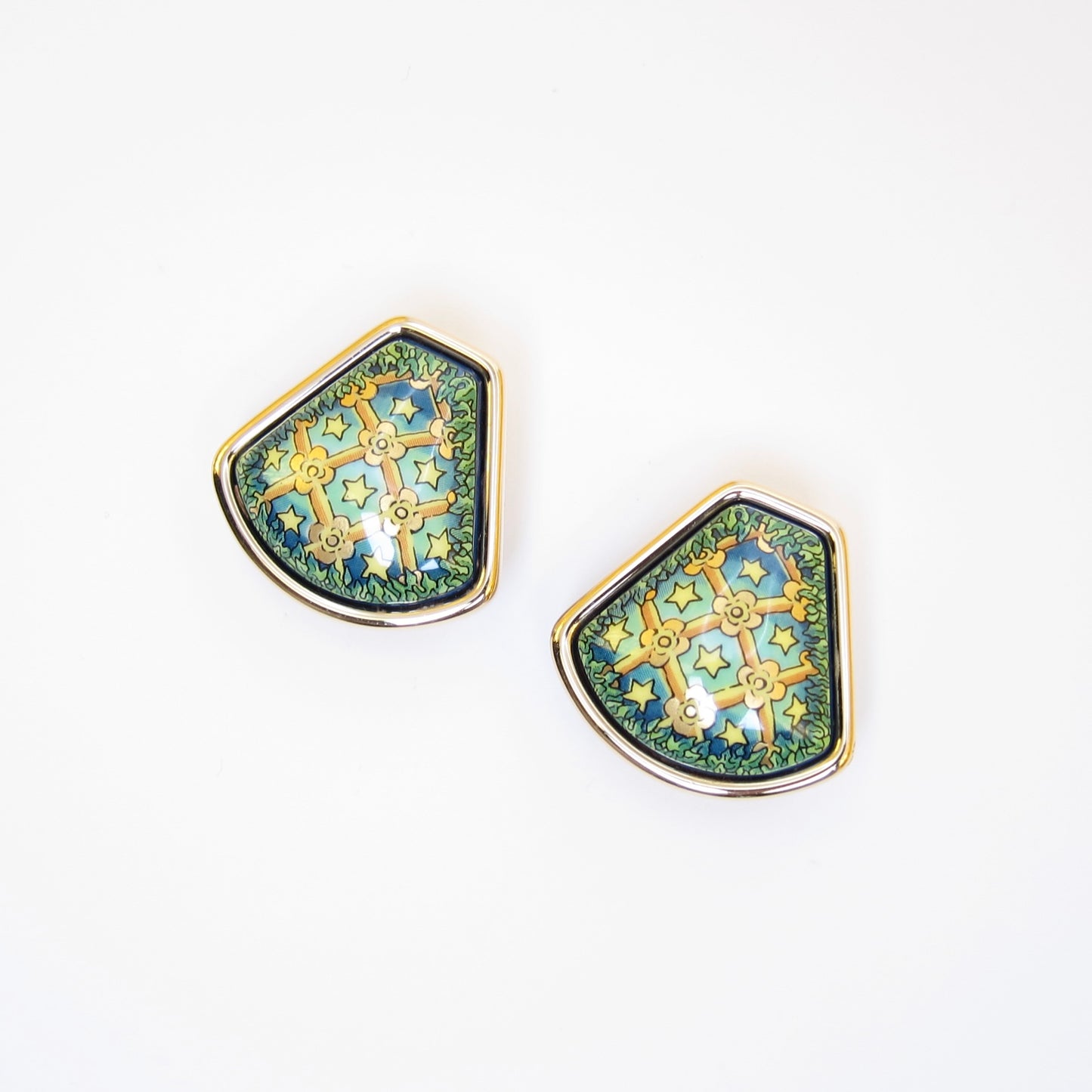 Hermes Vintage Green Enamel Golden Clip-on Earrings