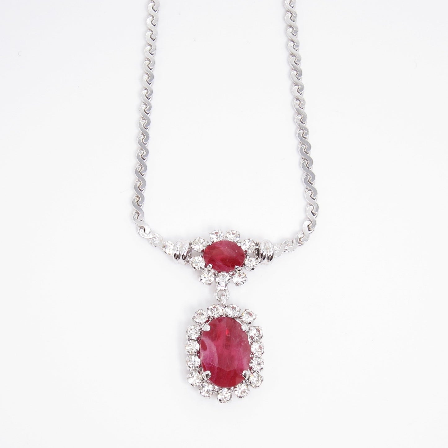 Christian Dior Vintage Red Color Stone and Rhinestone Drop Silver Necklace