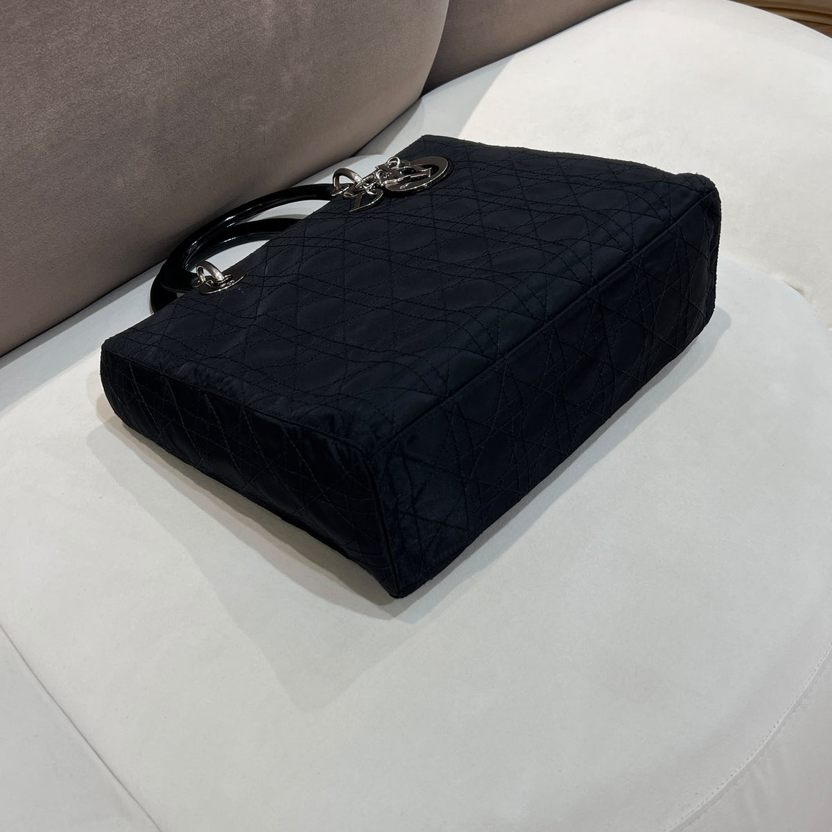 Christian Dior Vintage Black Cannage Nylon Lady Dior Handbag